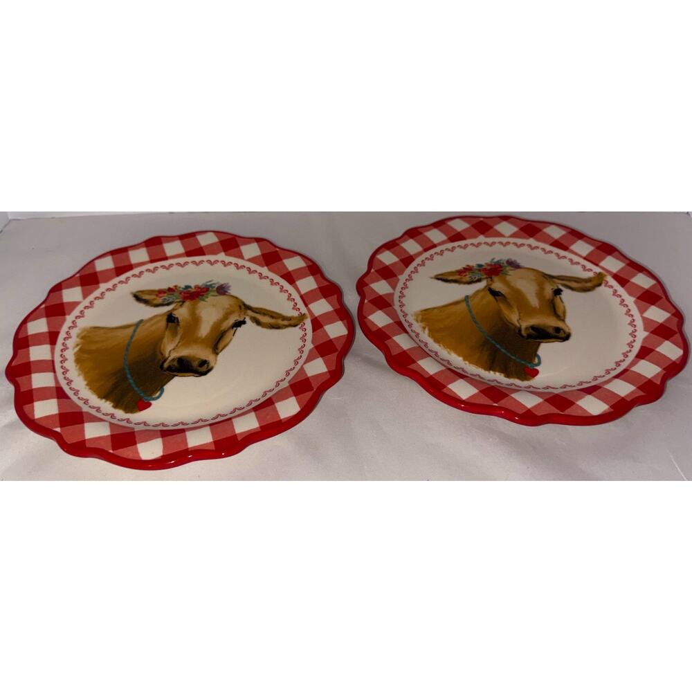 Pioneer Woman‎ Red Gingham Salad Plate Brown Cow 8.75in ~ Ceramic New